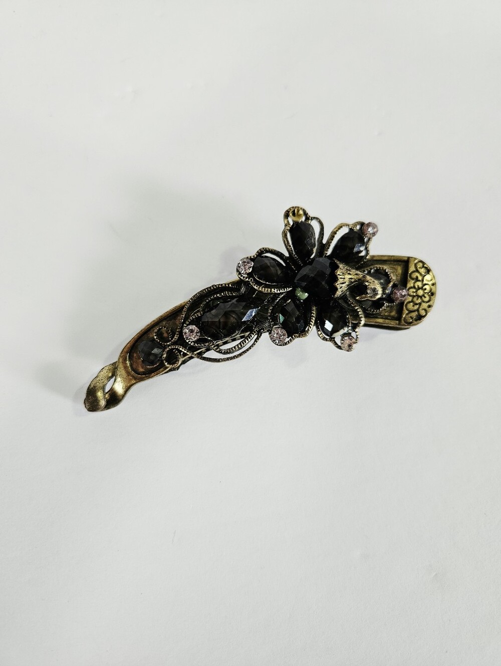 Vintage Signed DY Antiqued Brass Black Rhinestone Crystal Peacock Hair Clip